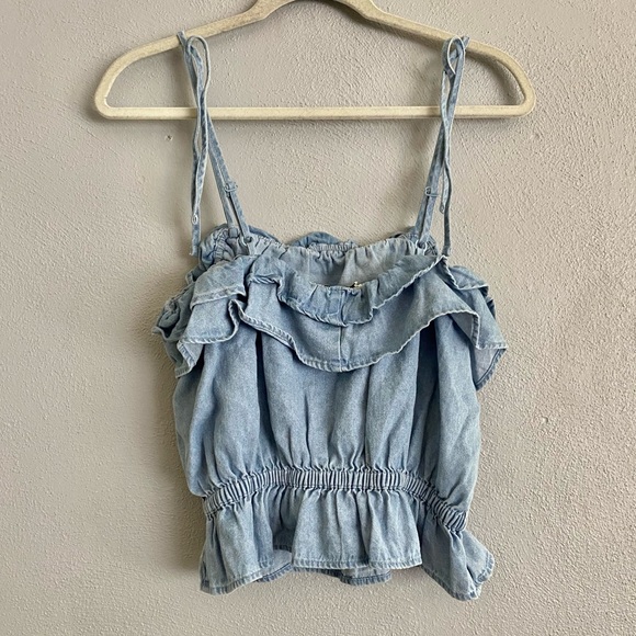 American Eagle Tank Top Size Medium Denim Boho Cropped NWT Ruffle - Picture 5 of 7